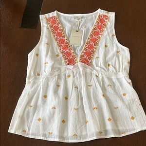 Lucky Brand White and Orange Patterned Blouse